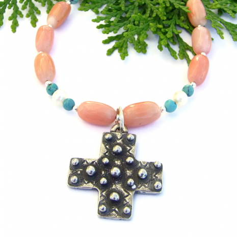 Spanish Cross Handmade Necklace, Coral Turquoise Pearls Gemstone Artisan Jewelry