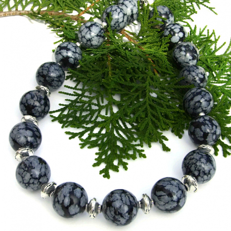 Chunky Snowflake Obsidian Handmade Necklace, Pewter, Sterling, Artisan Jewelry