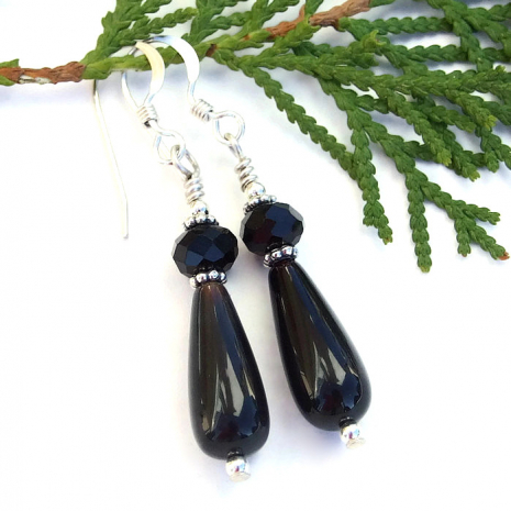Stylish handmade black onyx teardrop, Czech glass and sterling earrings.