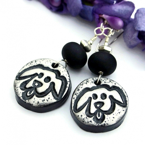 Unique handmade dog rescue earrings with a goofy dog.