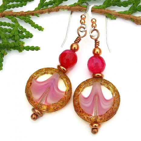 The "Passionately Pink" earrings feature unique Czech glass coin beads with a flowing wave design in clear glass and a texture edge with a brown Picasso finish - beautiful! Unique pink and brown handmade Czech glass earrings
