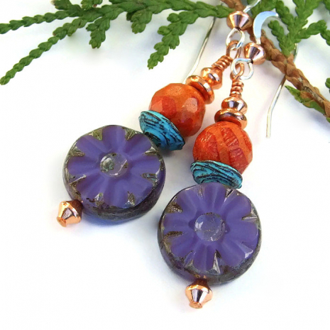 Unique purple flower and orange sponge coral handmade earrings.